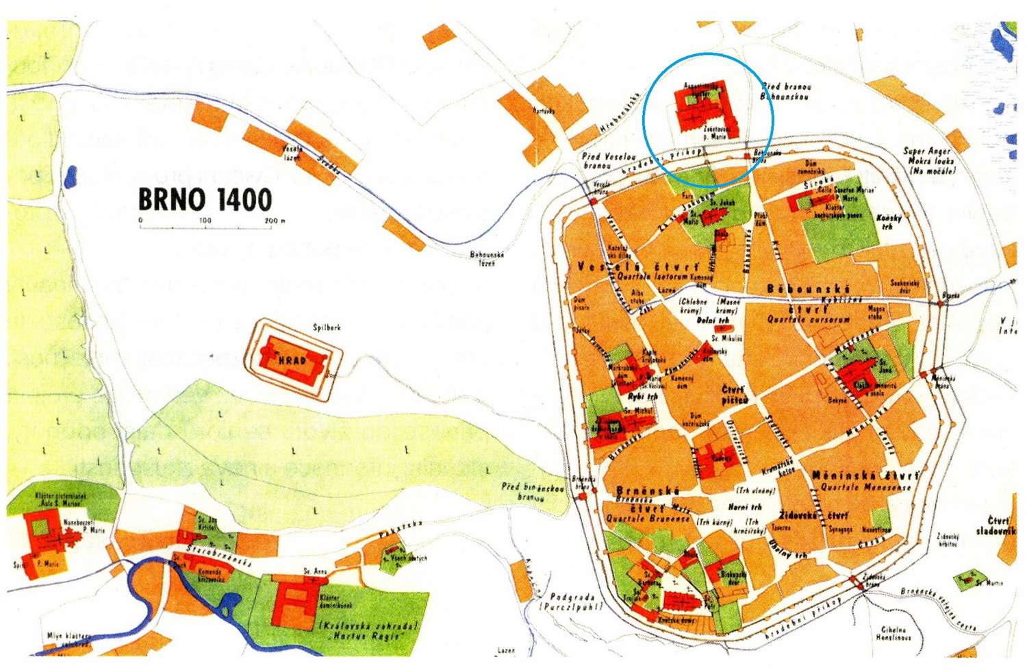 Augustiniánský klášter a kostel v plánu města Brna 1400